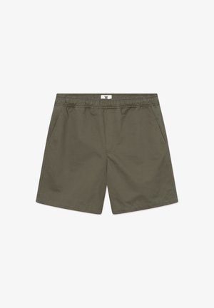 Pantaloncini casual da uomo verde oliva con vita elastica e tasche laterali, mostrati distesi su uno sfondo bianco.