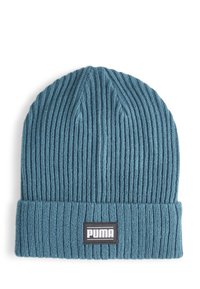 Knitted beanie in teal with a ribbed texture. Features a fold-up cuff and a black label with white "PUMA" branding.