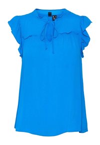 Blusa senza maniche blu con spalle arricciate, un nodo al colletto e una vestibilità morbida e fluida.