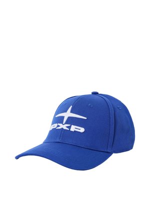 Casquette de baseball bleue avec une étoile blanche brodée et le logo "PXP" à l'avant, visière incurvée et construction six panneaux.