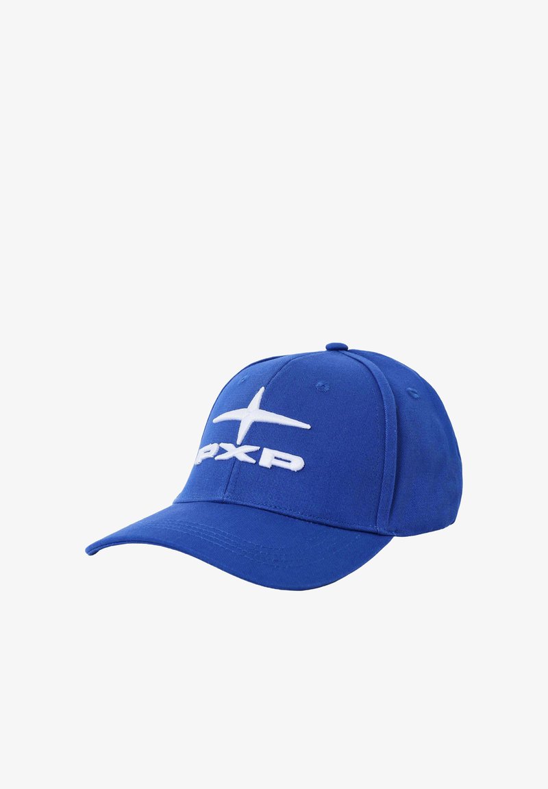 Casquette de baseball bleue avec une étoile blanche brodée et le logo "PXP" à l'avant, visière incurvée et construction six panneaux.