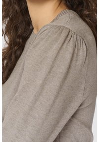 Gros plan d'une personne portant un pull en maille taupe avec un détail épaules bouffantes et de longs cheveux bouclés foncés visibles.