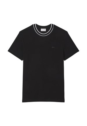 Černé bavlněné tričko s kulatým výstřihem a bílými dvojitými pruhy, krátkými rukávy a malým vyšívaným logem na přední straně.