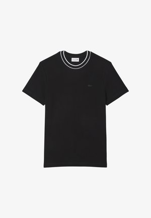 Maglietta nera in cotone con colletto rotondo, strisce bianche doppie, maniche corte e un piccolo logo ricamato sul davanti.