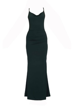 Black fitted maxi dress in a smooth fabric, featuring spaghetti straps, a cowl neckline, and ruched detailing along the waist.
