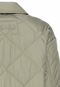 Lichtgrijze gewatteerde jas met een klassieke kraag, horizontale stiksels en een klein merklabel op de rug. Gladde textuur.
