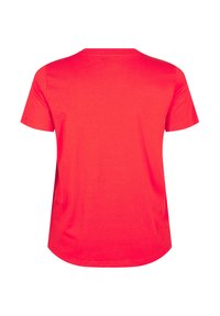 Raudona medvilninė marškinėliai, trumpomis rankovėmis, apvalia iškirpte, nevaržanti aprėptis, tiesus apatinis kraštas. Lygios tekstūros, be raštų ar grafikos. Nugaros vaizdas.