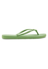 Green flip-flop with a textured sole and two thin straps. Made of rubber, featuring a simple design without embellishments or patterns.