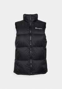 Svart puffväst med hög krage, framdragkedja, Champion-logotyp på vänster bröst och quiltad design för isolering.