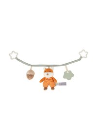 Hanging toy with a green fabric strap, featuring a plush orange fox, acorn, and textured cloud shapes in varied colors and materials.