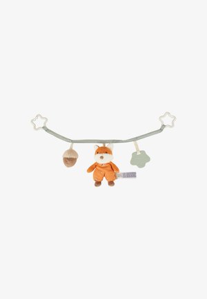 Hanging toy with a green fabric strap, featuring a plush orange fox, acorn, and textured cloud shapes in varied colors and materials.
