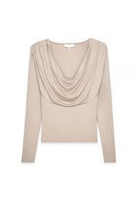 Haut à manches longues en beige clair. Doté d'un décolleté drapé et d'un corps ajusté. Fabriqué dans un tissu doux et extensible avec une texture côtelée.