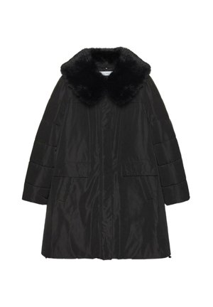 Schwarzer Steppmantel mit Pelzkragen, gerader Silhouette, zwei Fronttaschen und gesteppter Textur an den Ärmeln.