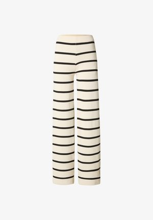 Weit geschnittene cremefarbene Hose mit horizontalen schwarzen Streifen und einer gerippten Struktur, ausgestattet mit einem hohen elastischen Bund.