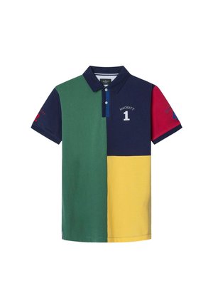Poloshirt met een kleurblokontwerp in groen, marineblauw, geel en rode secties; gemaakt van katoen; met een tweeknoopsluiting; geborduurd logo.