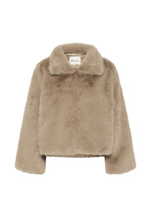 Chaqueta corta de piel sintética en beige claro con una textura suave, un cuello clásico y mangas largas. Diseño simple y sin adornos.