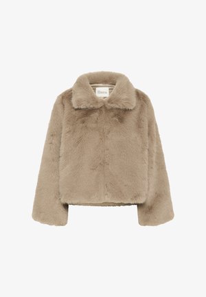 Sagriezts mākslīgās kažokādas jaka gaiši bēšā krāsā ar maigu tekstūru, klasisku apkakli un garām piedurknēm. Vienkāršs, neizpušķots dizains.