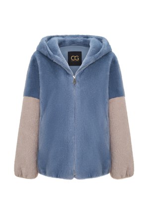 Felpa con cappuccio in blu chiaro e beige. Presenta una zip frontale, cappuccio e una texture morbida. Design a blocchi di colore con maniche leggermente gonfie.