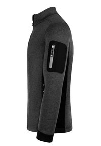 Graue Fleecejacke mit einem hohen Kragen, schwarzem Panel am Oberarm und einer Reißverschlusstasche. Weiche Textur und taillierte Passform.