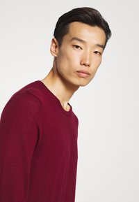 Bordeauxfarbener Rundhalsausschnitt-Pullover aus weichem Strickstoff, mit tailliertem Schnitt und glatter Oberfläche, ohne sichtbare Muster oder Hardware.