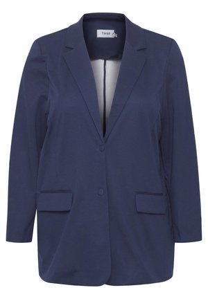 Navy blazer with a single button closure, notched lapels, two front pockets, and long sleeves. Smooth fabric with a classic tailored design.