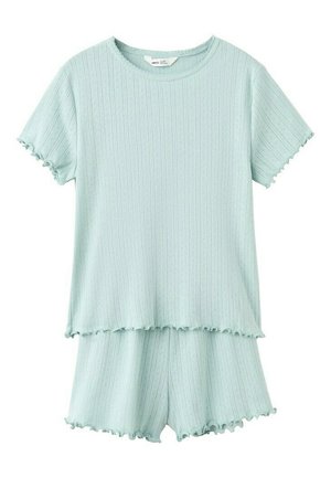 Svetlomodrý rebrovaný pletený set s krátkym rukávom a krátkymi nohavicami so zvlnenými lemami.