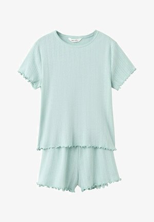 Lyseblåt ribstrikket sæt med kortærmet top og matchende shorts med bladrandede kanter.