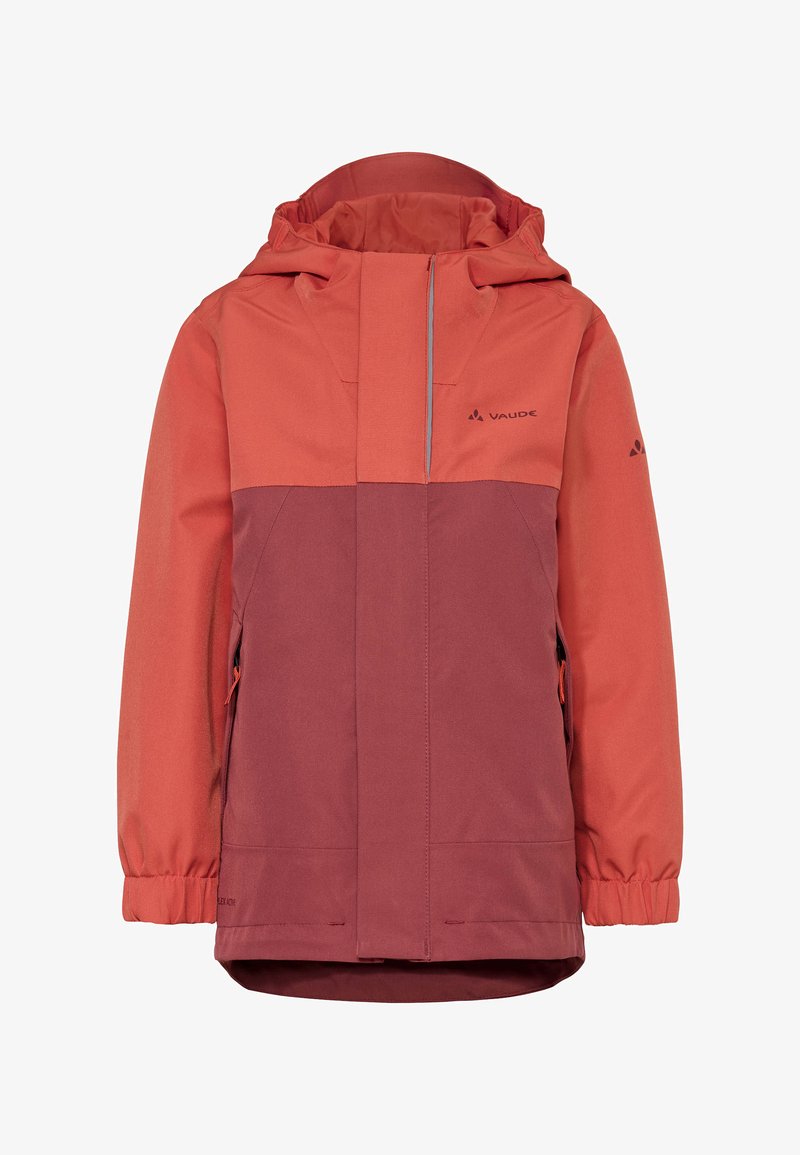 Veste imperméable à capuche bicolore dans des tons rouges avec fermeture éclair avant, poches latérales, poignets élastiques et logo VAUDE sur la poitrine et la manche.