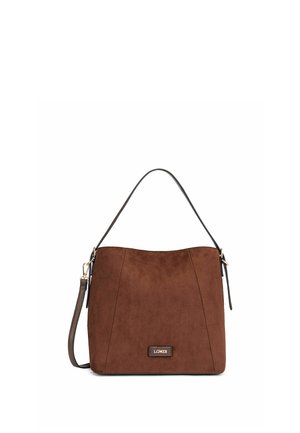 Borsa a tracolla in suede marrone con tracolla corta e tracolla lunga removibile, forma rettangolare e logo del marchio in metallo al centro davanti.