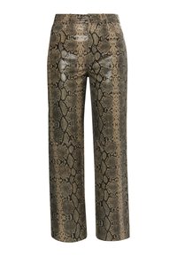 Broek met slangenleerpatroon in beige en zwart. Rechte pijpen, glanzende textuur, met een standaard taille en een sluiting aan de voorkant.