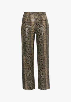Pantaloni cu model de piele de șarpe în bej și negru. Design cu picior drept, textură lucioasă, cu talie standard și închidere frontală.