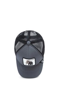 Cappello grigio con parte frontale solida e retro in rete nera. Presenta una toppa con un design di mammut sulla parte anteriore. Cintura regolabile sul retro.