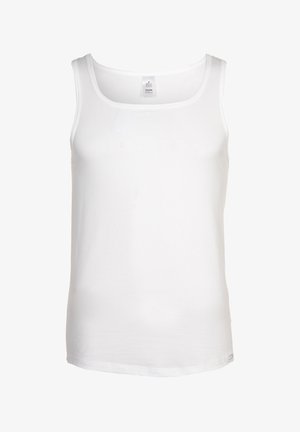 Witte katoenen tanktop met een ronde halslijn en zonder mouwen. Zachte textuur, rechte zoom en een label op de binnenrug. Eenvoudig ontwerp.