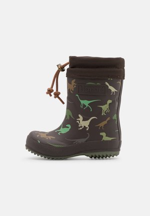 Botte de pluie en caoutchouc brun foncé pour enfants avec des motifs de dinosaures verts, beiges et bruns, et un revers ajustable avec cordon de serrage.