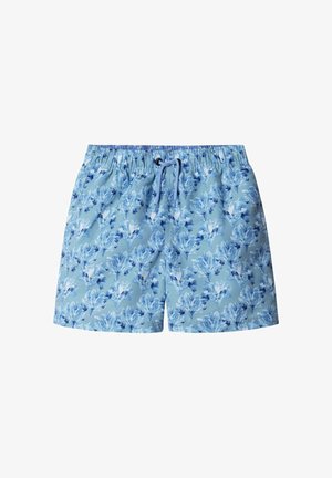 Badeshorts i lyseblåt stof med blomsterprint i forskellige blå nuancer. Elastisk talje med snøre for justerbar pasform.