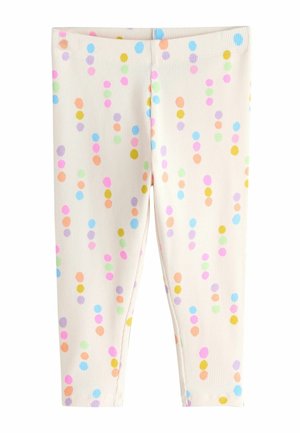 Gerippte Leggings in Creme mit mehrfarbigem Punktenmuster in Pink, Blau, Grün, Gelb und Orange. Knöchellang mit figurbetontem Schnitt.