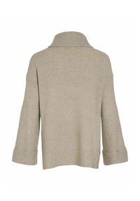 Pull beige avec un col haut à côtes, des manches larges et des poignets repliés. La texture semble douce et confortable avec un design basique et minimaliste.