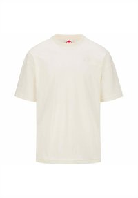 Camiseta de manga corta color crema hecha de algodón suave. Cuenta con un escote redondo y un sutil logo bordado en el pecho.