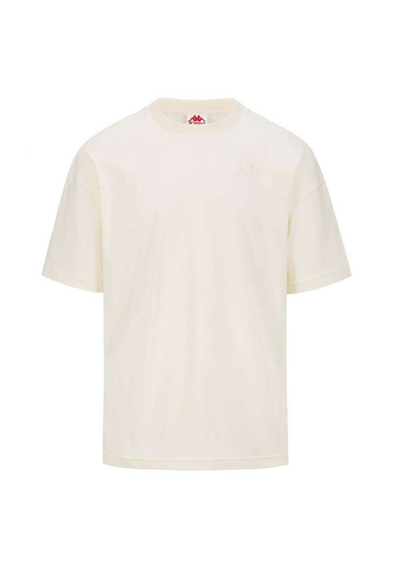 Camiseta de manga corta color crema hecha de algodón suave. Cuenta con un escote redondo y un sutil logo bordado en el pecho.