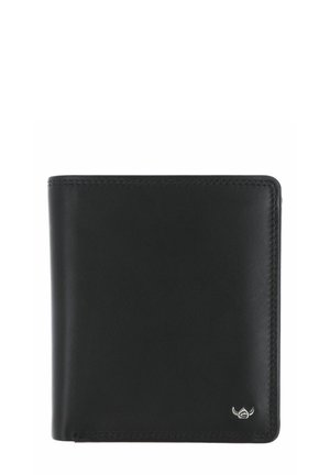 Schwarzes Leder-Biffold-Portemonnaie mit sichtbaren Nähten und kleinem silbernem Logo in der unteren rechten Ecke, geschlossene Ansicht.