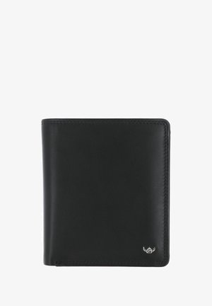 Portefeuille en cuir noir bi-découpe avec coutures visibles et petit logo argenté en bas à droite, vue fermée.