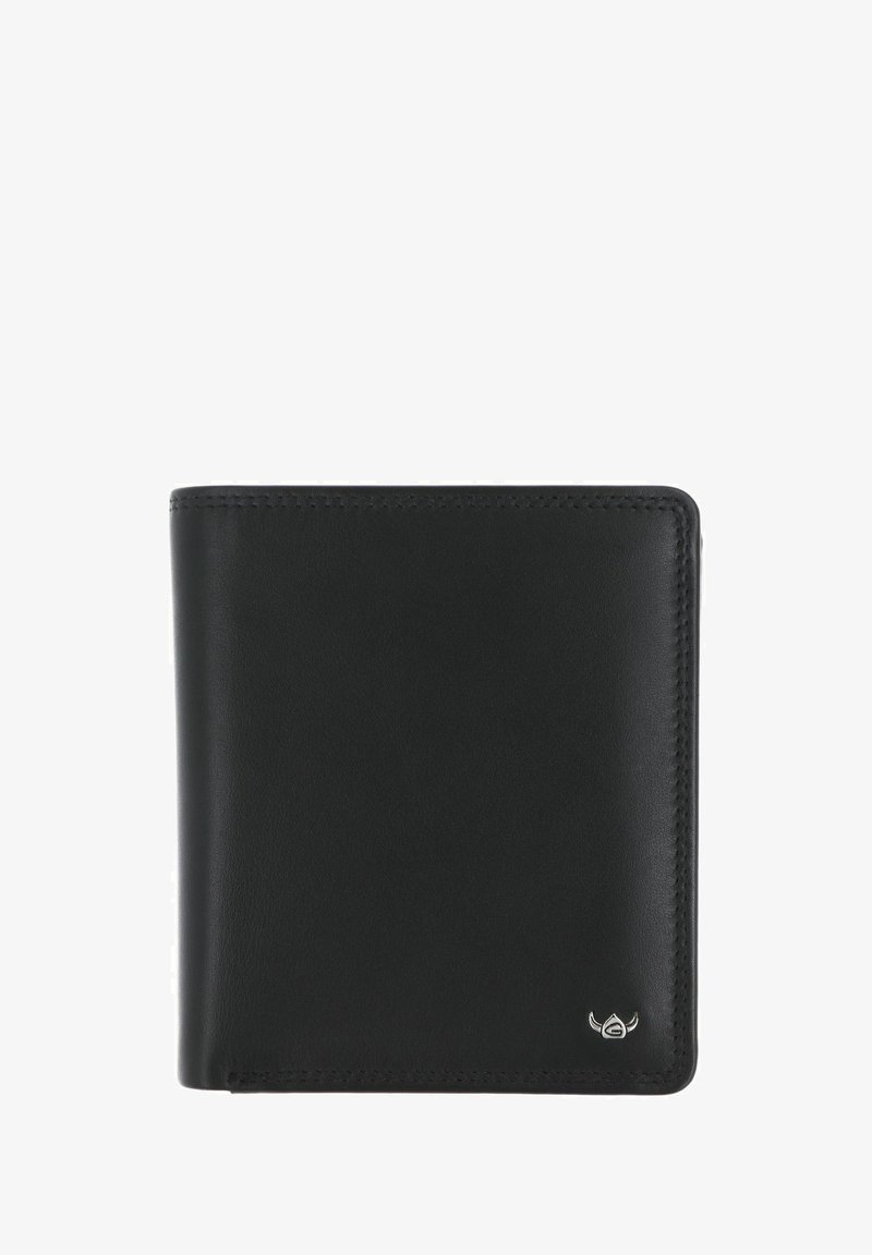 Portefeuille en cuir noir bi-découpe avec coutures visibles et petit logo argenté en bas à droite, vue fermée.