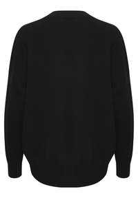 Pull en maille noire à manches longues avec poignets et ourlet côtelés, présentant un ourlet légèrement arrondi et un col rond simple.
