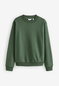 Groene sweatshirt gemaakt van zachte stof met een ribbelboord, manchetten en een rechte zoom. Eenvoudig ontwerp, geen patronen of accenten.