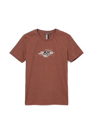 T-shirt met korte mouwen in roestkleur met ronde hals, voorzien van een vervaagd wit penseelstreekontwerp en het "AM Antony Morato"-logo in het midden van de borst.