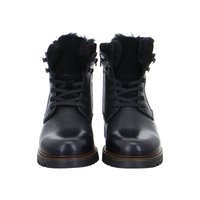 Černé kožené boty na šněrování s chlupatou podšívkou a silnými gumovými podrážkami, zobrazené zepředu na bílém pozadí.