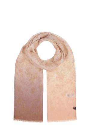 Lightweight floral-patterned scarf, gradient shades from light beige to soft pink, with fringed edges and a soft texture.