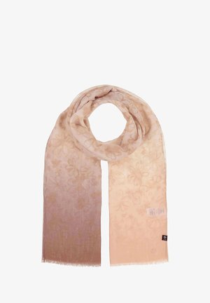 Leichter Schal mit Blumenmuster, Farbverlauf von hellem Beige zu sanftem Rosa, mit fransigen Kanten und einer weichen Textur.