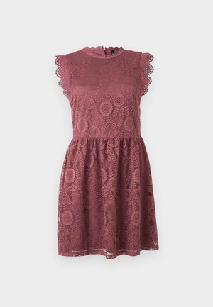 Sleeveless dusty rose lace dress with scalloped edges, fitted bodice, gathered waist, and floral geometric lace pattern.