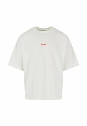 Witte korte mouw t-shirt met een boxy snit, voorzien van de opdruk "Verboden" in het rood op de borst, gemaakt van zachte katoen.